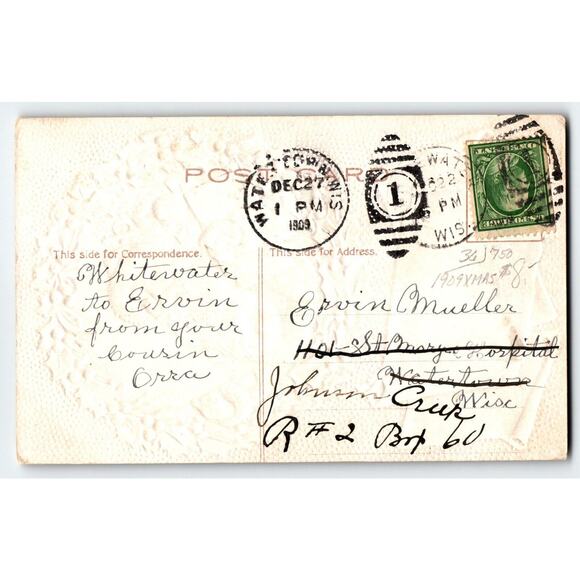 Santa Claus Christmas Postcard Holly Wreath Toys Embossed Vintage 1909 - Picture 2 of 2